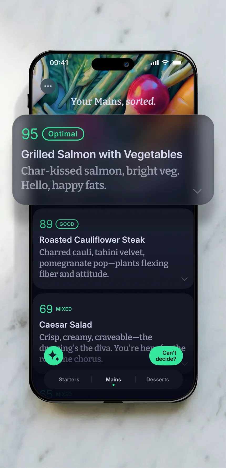 decidish app on a marble table — menu ranked with scores: Grilled Salmon with Vegetables, 95 Optimal