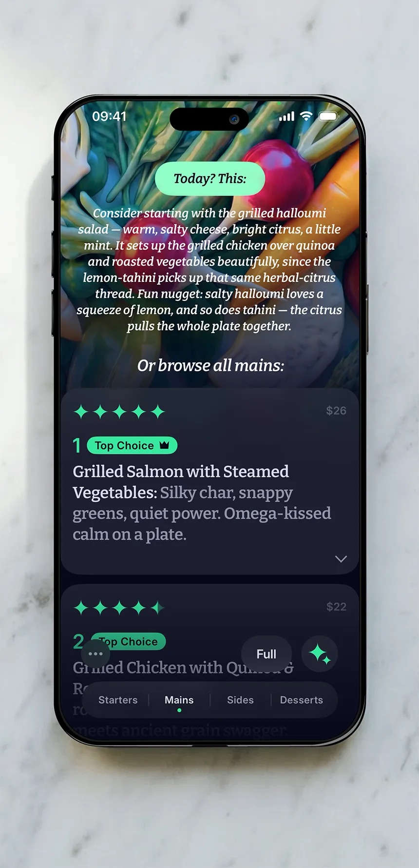 decidish app on a marble table — Today? This: Halloumi & Grilled Salmon
