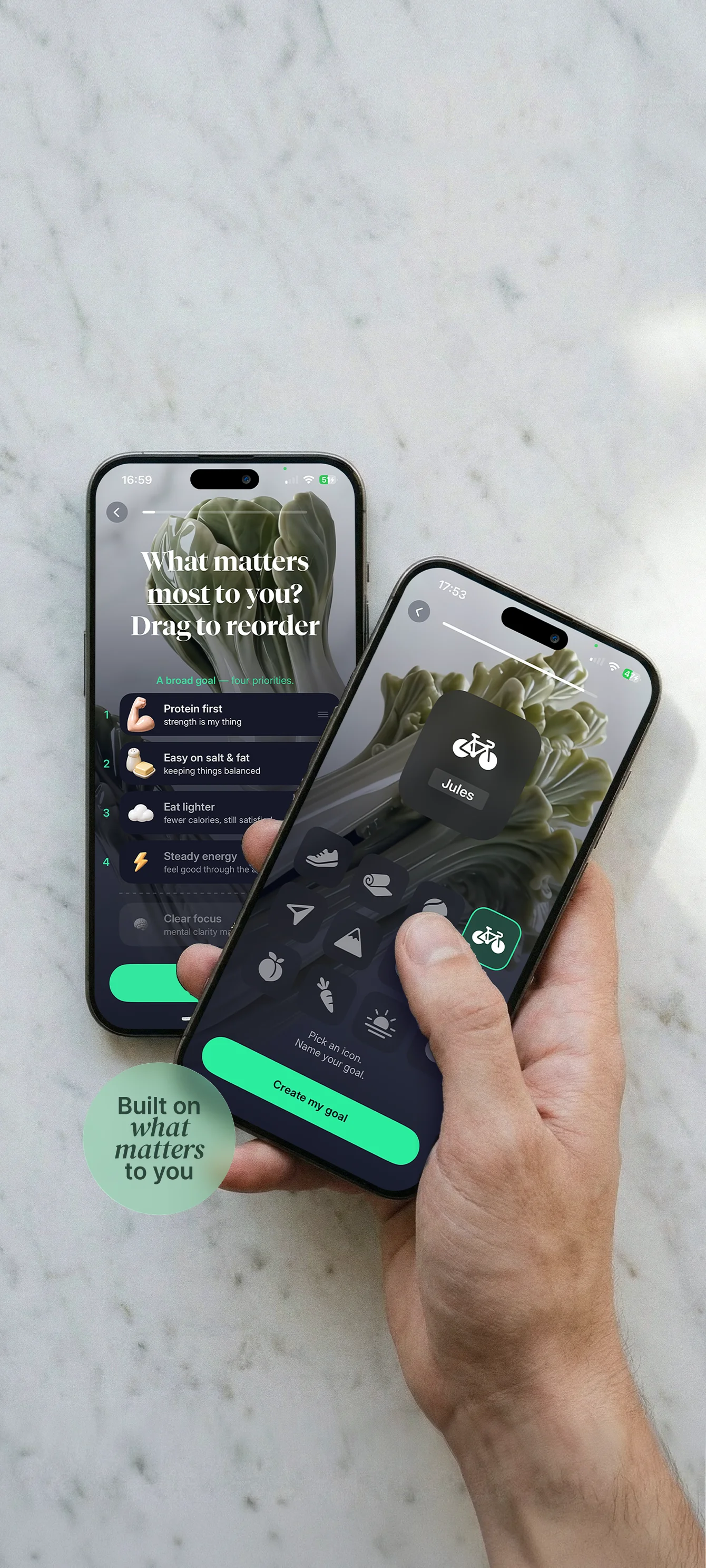 Two phones — the Personal Goal quiz: reorder your priorities, then pick an icon and name your goal.