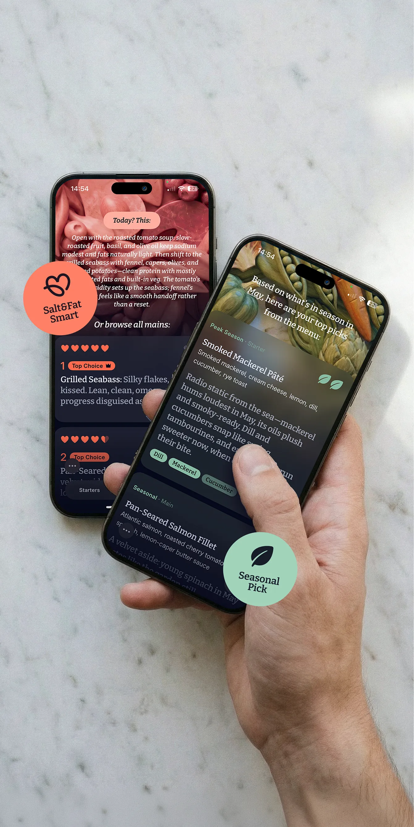 Two phones — same menu, ranked for Salt&Fat Smart (left) and Seasonal Pick (right).